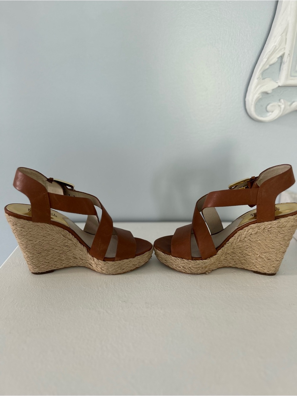 MICHAEL Michael Kors Brown Leather Espadrille Wedge Sandals with Gold Buckle - Picture 5 of 8